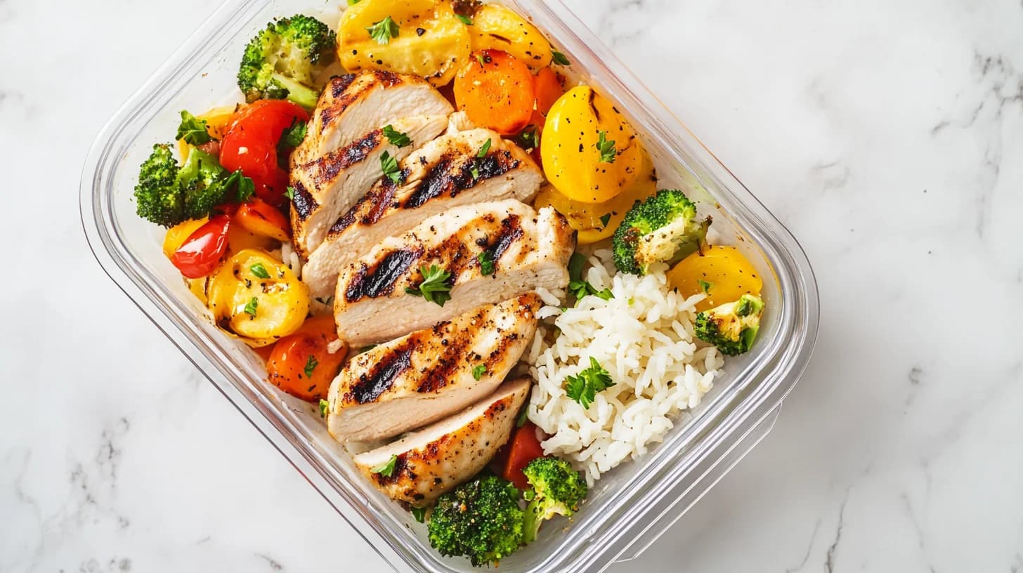 Terveellinen meal prep -annos proteiinilla ja kasviksilla valkoisella pöydällä