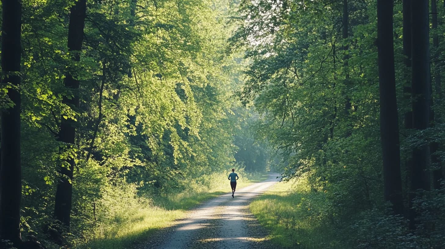 Juoksija metsäpolulla hölkkäämässä kestävyyskunnon kehittämiseksi